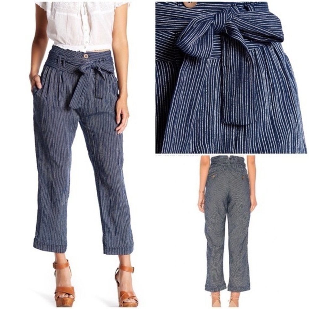 Free People Rumors Striped Blue Paperbag Harlem Waist Pants - Picture 2 of 8
